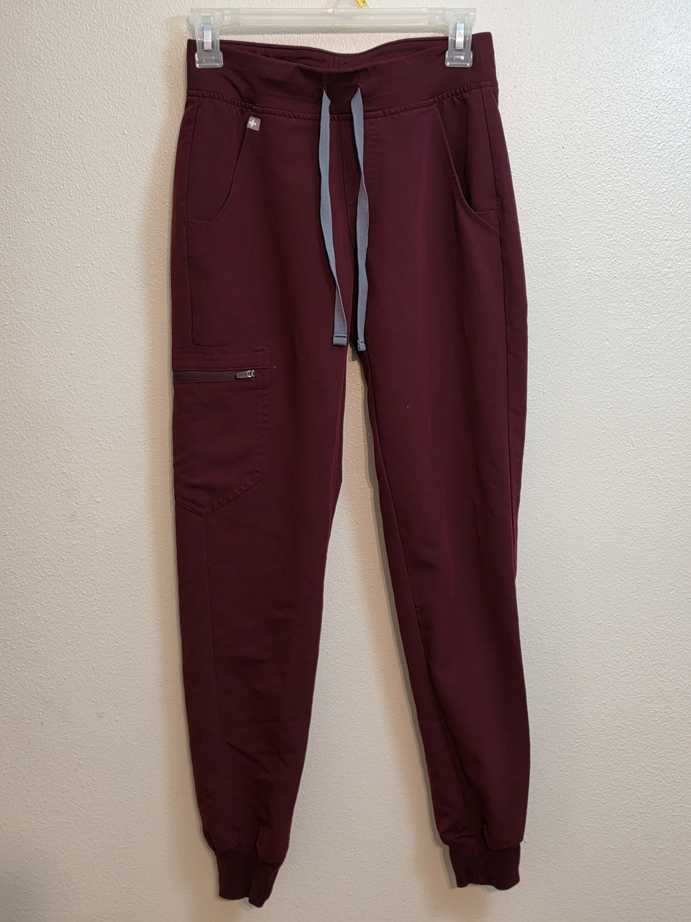 Figs Women's Burgundy Skinny Jogger Pants with Gray Drawstrings